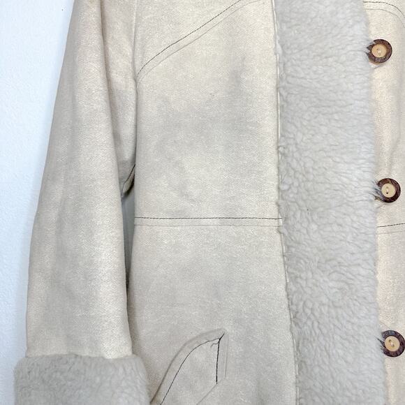 Vintage Leather Coat Shearling Lined with Toggle Buttons Cream - Picture 4 of 5